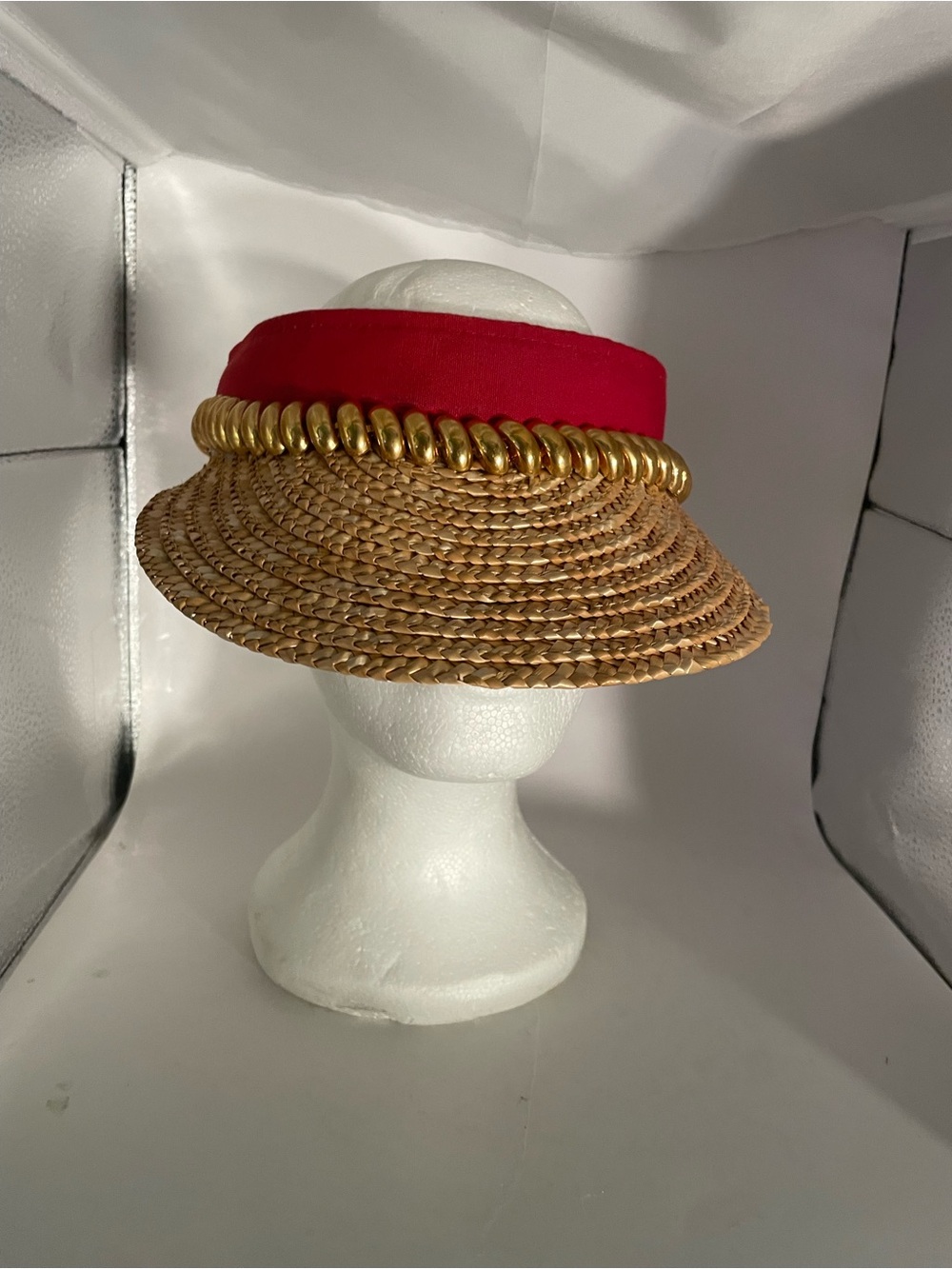 Visor Women's Natural Straw Clip On Embellished Gold Plated Trim Luxe Festive